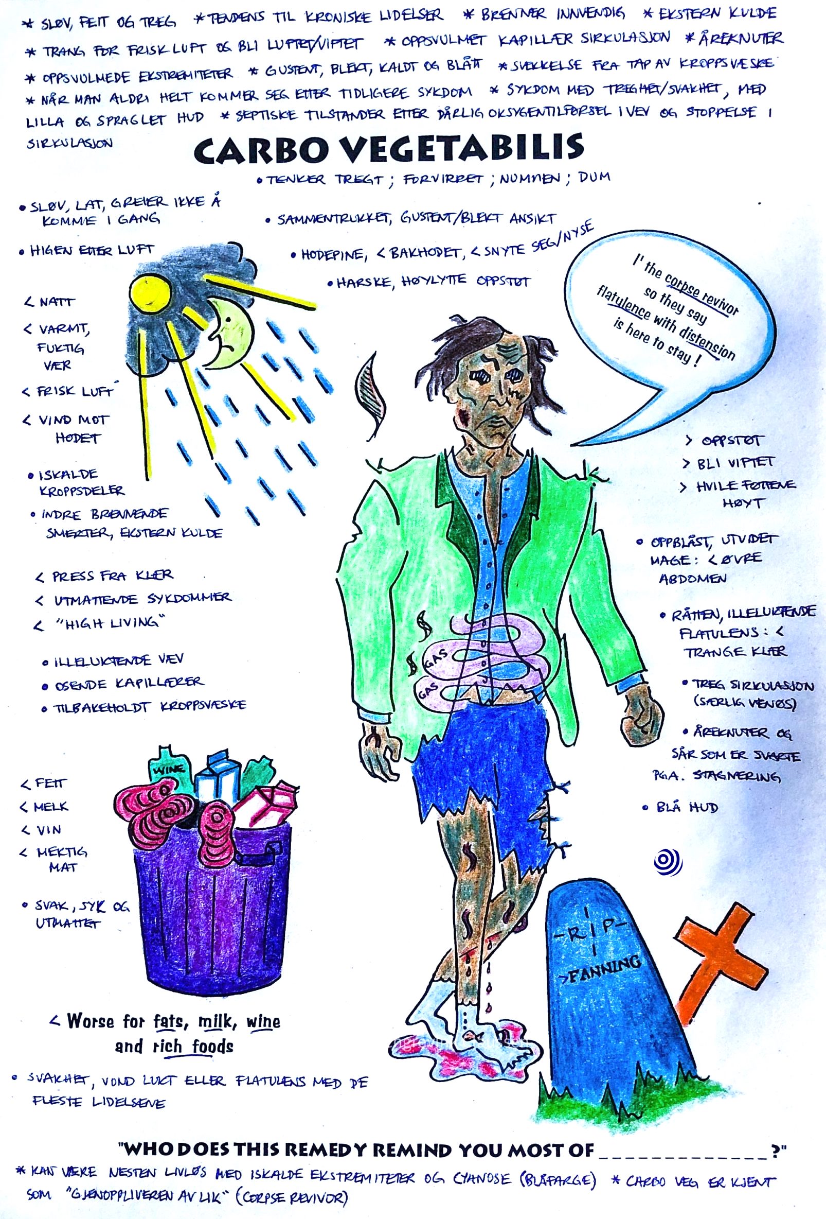 Illustration of the homoeopathic remedy Carbo vegetabilis, with key characteristics