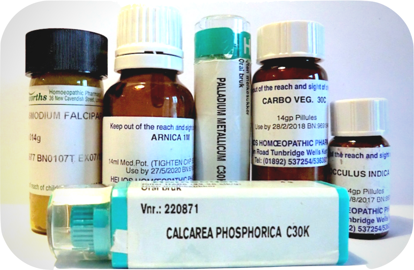 Photo of some of the various remedy-containers the homoeopathic medicines come in, when we buy them in Norway