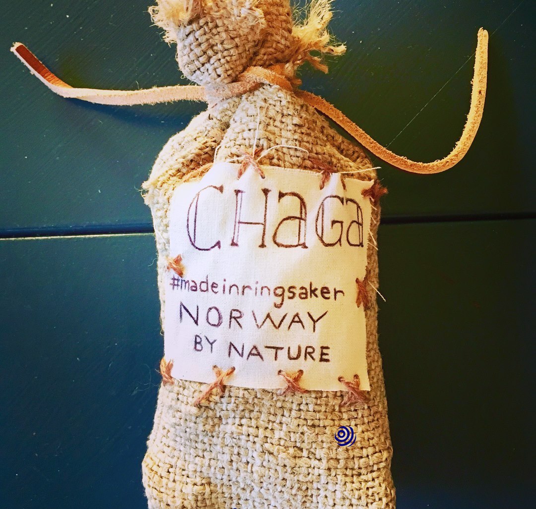 Photo of grinded chaga in a homemade gift pouch