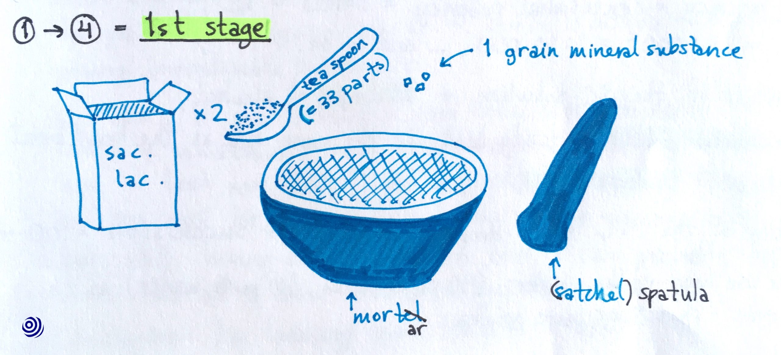 Illustration of steps 1-4 of potentisation (remedy creation)